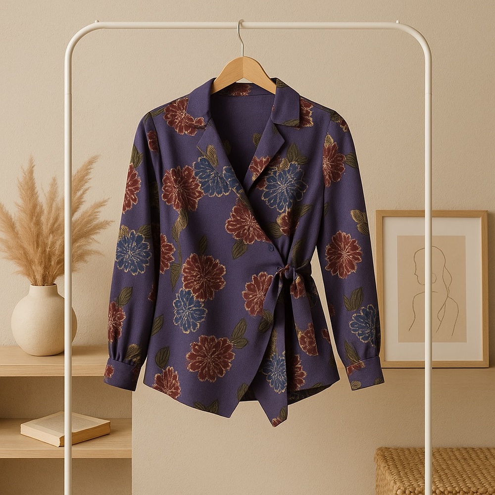 Emelia Wrap Shirt Small Gray Floral Long Sleeve Collared Nordstrom Blouse Top